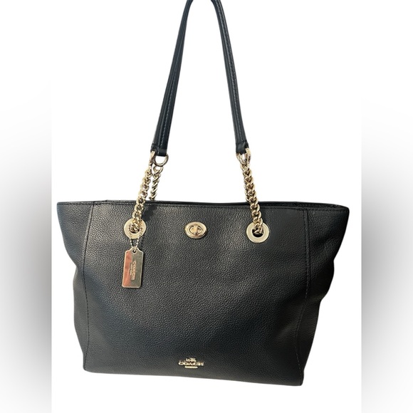 Coach Handbags - Coach Turnlock Chain Black Pebbled Leather Tote #27.  57107